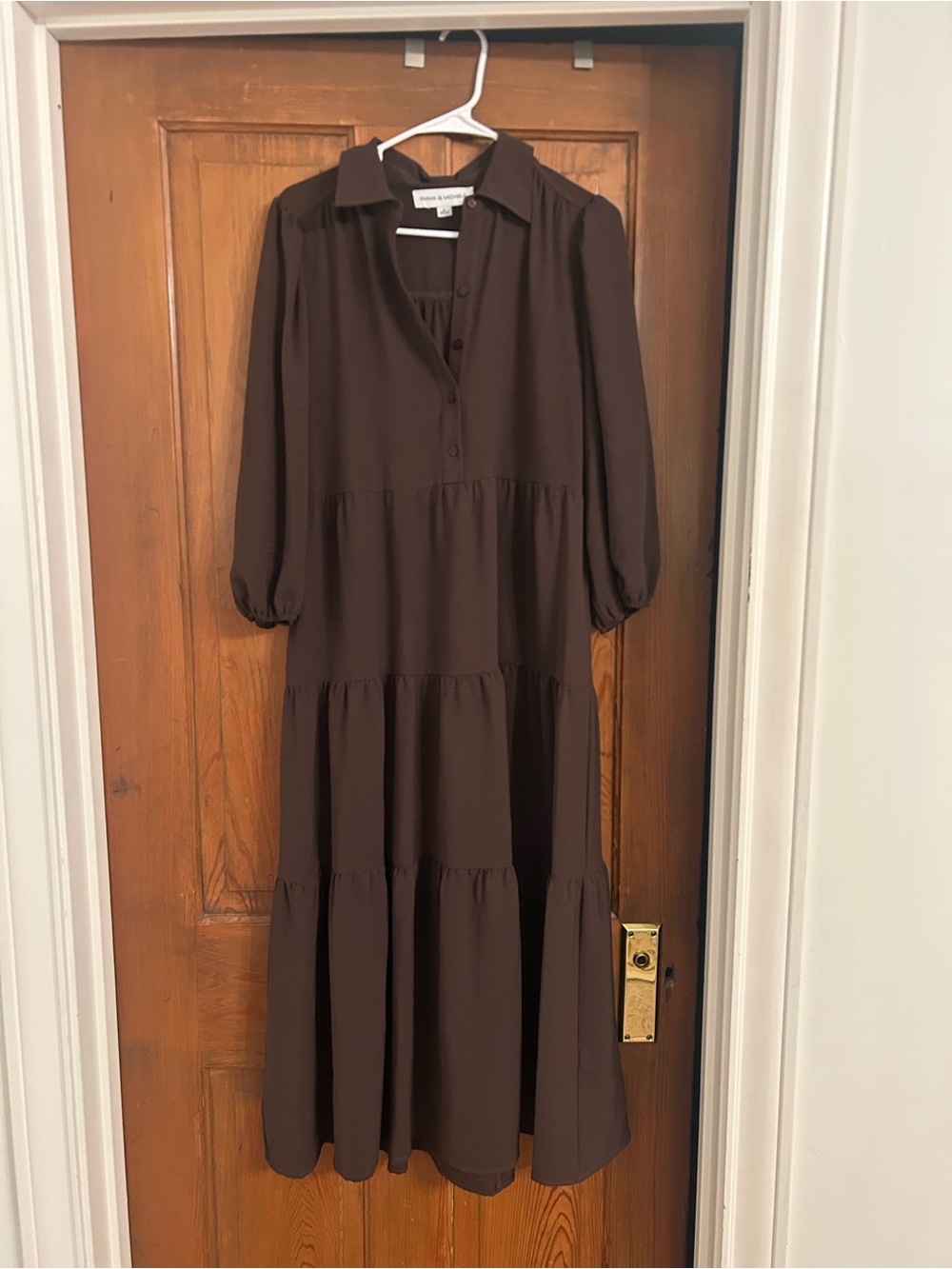 Long Brown Tiered Maxi Dress with Collared Neck